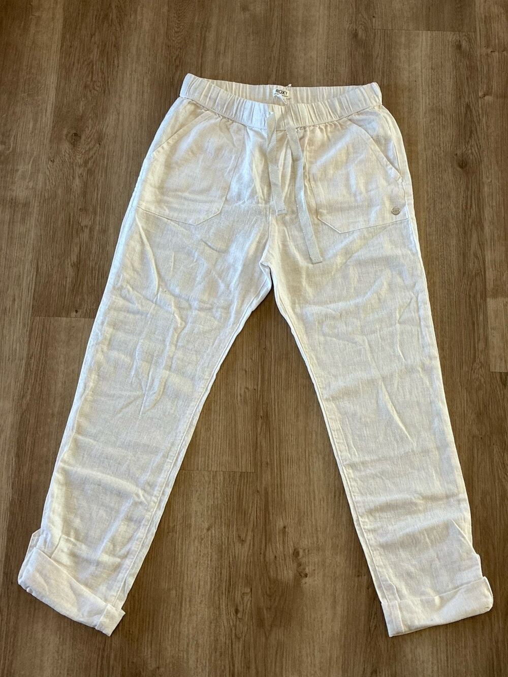 ROXY Women’s White Linen Viscose Pants Drawstring Elastic Waist Pockets XS